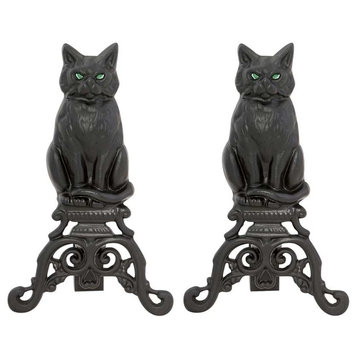 Uniflame Black Cast Iron Cat Andirons, Reflective Glass Eyes