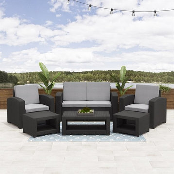 Adelaide 6pc All-Weather Black Wicker / Rattan Patio Set with Gray Cushions