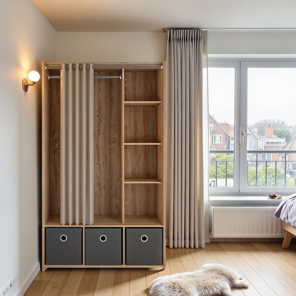 Brown Wardrobe Closet with Curtain - Compact Small Closet for Clothes ...