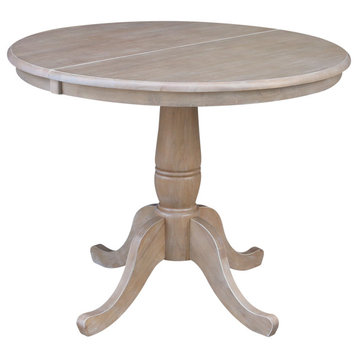 36" Round Top Pedestal Table With 12" Leaf, Washed Gray Taupe, 28.9 Inch High