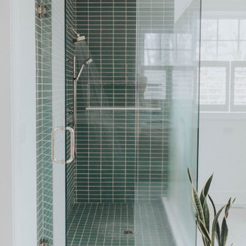 Blue-Green Shower Tile and Hexagon Floor Tile Bathroom