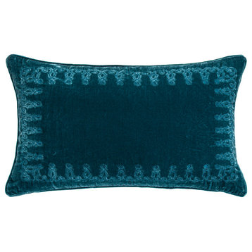 Stella Faux Silk Velvet Embroidered Lumbar Pillow, 14" x 24", Teal
