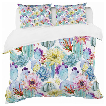 Blossoming Cactus With Tropical Flower Floral Duvet Cover, Twin
