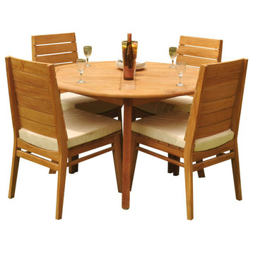 5-Piece Outdoor Teak Dining Set: 48" Round Table, 4 Char Stacking Armless Chairs