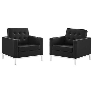 Loft Tufted Upholstered Faux Leather Armchair Set of 2, Silver Black