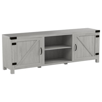 Charming TV Stand, 2 Barn Doors and Open Shelf With Metal Accents, Stone Grey