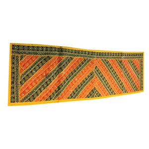Mogul Interior - Consigned Antique Fabric, Bohemian Sari Yellow and Green Embroidered Tapestry - Table Runners