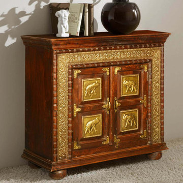 Classic Solid Wood & Brass Accent Storage Cabinet Small Sideboard