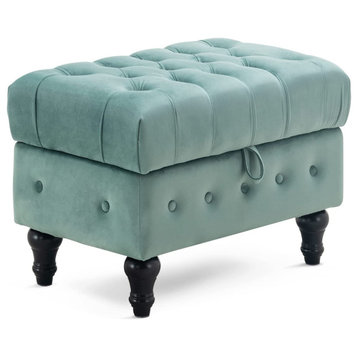 Button Tufted Upholstery Footstool for Bedroom and for Living Room, Light Blue
