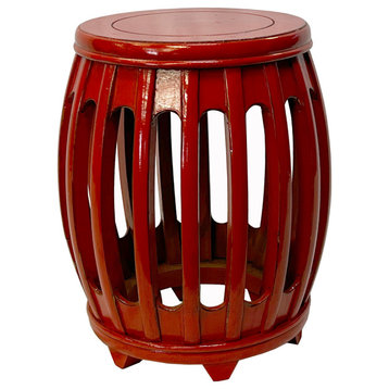 Chinese Oriental Distressed Orange Red Round Barrel Wood Stool Table Hws3035
