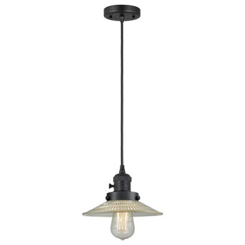 Halophane Mini Pendant With Switch, Matte Black, Clear Halophane