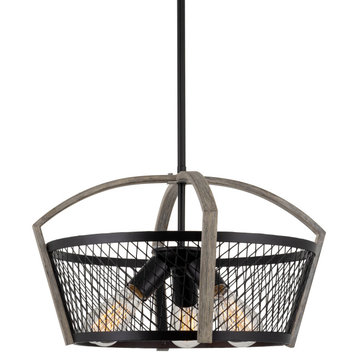 Kira Home Ember 18" Farmhouse Pendant Chandelier, Wire Drum Cage Shade, Aged Oak