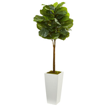 4' Fiddle Leaf Artificial Tree, White Tower Planter