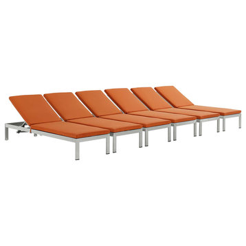 Silver Orange Shore Chaise with Cushions Outdoor Patio Aluminum Set of 6