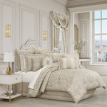 Five Queens Court - Five Queens Court Lagos Queen 4Pc. Comforter Set - Inspired by iron gates and grand villas, the LAGOS 4 Piece Comforter Set offers opulence and depth, yet maintains a unique vintage appearance. Highlights include an elegant damask design, a scroll border and a unique tear drop diamond pattern, dyed in a subtle yet sophisticated ivory color palette. The pillow shams are meticulously cut and sewn, positioning the pattern perfectly in the center and the bed skirt is carefully crafted with kick pleats and a scroll border to add a luxurious tailored touch. Pair this bedding collection with the LAGOS throw pillows, Euros, and window treatments for a complete look.