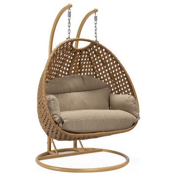 LeisureMod Mendoza Light Brown Wicker Hanging Double Egg Swing Chair, Taupe