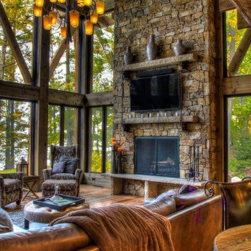Weathered Antique Flooring, Timbers, Paneling, and Mantel in a Great Room