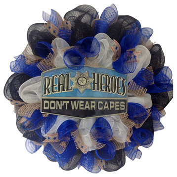 Police Officer Real Heroes Don't Wear Capes Deco Mesh Wreath