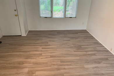 Living room - small modern enclosed laminate floor living room idea in Chicago with gray walls