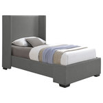 Meridian Furniture - Oxford Linen Textured Fabric Upholstered Bed, Gray, Twin - Treat yourself to a fresh new look in your bedroom sanctuary with this twin-size Oxford linen textured bed. This bed features an oversized wing-back headboard for a majestic appearance and is upholstered in rich grey linen textured fabric all over, adding an element of elegance to your room. The espresso legs contrast nicely with the fabric, bringing this midcentury modern design to life. As a bonus, this bed requires no box spring.