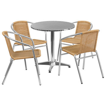 27.5" Round Aluminum Indoor-Outdoor Table With 4 Beige Rattan Chairs