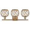Farmhouse 3-Light Bath Vanity-Light, Brushed Brass, Clear Glass With Brown Rope