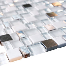 Glossy and Matte White With Aluminum Random Brick Cubes Pattern Glass Mosaic Til - Home Accessories & Decor