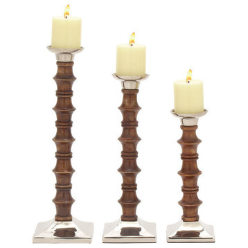 Set of 3 Brown Wood and Metal Pillar Candle Holder 51581
