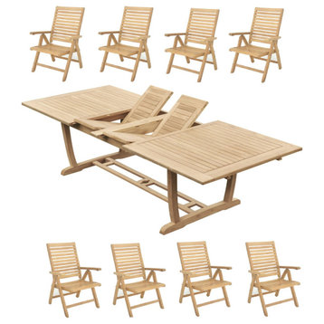 9-Piece Outdoor Teak Dining: 117" Masc Rectangle Table, 8 Ashley Folding Chairs