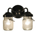 The Lamp Goods - Vintage Clear Canning Jar Double Sconce Light, Antique Black - The beautiful glow of the light through a pair of vintage clear pint canning jar from days gone by is wonderful. This sconce is so fun with its original bail wires and the raised designs. Each jar carries its own history and can vary in 'age' marks, brand, graphics and more.