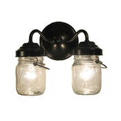 Vintage Clear Canning Jar Double Sconce Light, Antique Black
