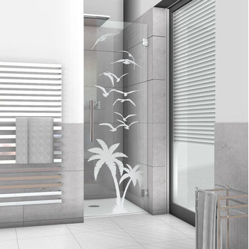Swing Shower Door with Palm & Bird Design, Non-Private, 28"x70" Inches, Right