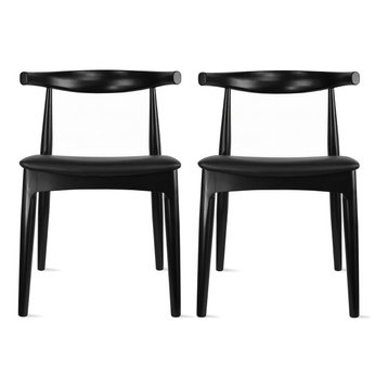 Set of 2 Elbow Farmhouse Wooden Dining Chairs With PU Leather Seat, Black