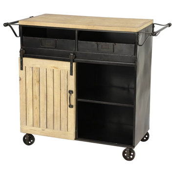 Industrial Kitchen Cart, Slatted Sliding Doors & Spacious Shelves, Black/Natural