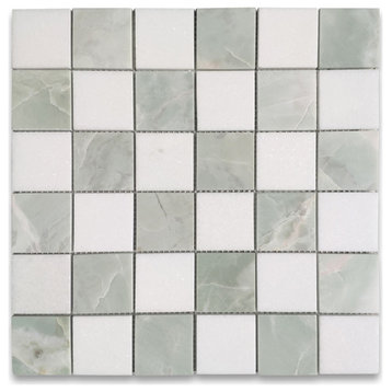 Thassos White Green Jade Marble 2x2 Checkerboard Mosaic Tile Polished, 1 sheet