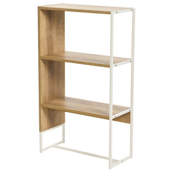 Wrap 3 Shelf Open Storage Bookshelf Coastal Oak Rustic Wood Grain, White Metal