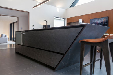 Inspiration for a mid-sized contemporary galley eat-in kitchen in Christchurch with an undermount sink, black cabinets, black splashback, stainless steel appliances, with island, flat-panel cabinets, porcelain splashback, porcelain floors and black floor.