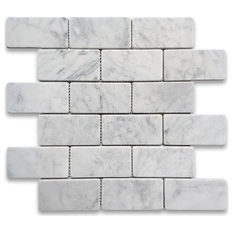 Carrara White Marble 2x4 Subway Brick NonSlip Mosaic Tile Tumbled, 1 sheet