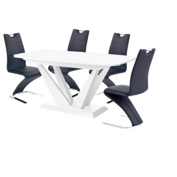 FETTO Dining Set, White Table/Black Chairs