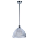 Maxim Lighting - Retro 11.75" 8W 1 LED Pendant Polished Nickel Clear Glass - This collection of pendants, inspired by lighting reminiscent of the past, are updated to fit into today's home decor. With a wide variety of size, finish, and technology there is something for everyone. Hand blown Clear and White cased opal glass with Polished Nickel accents creates vintage look with a contemporary flair. The Clear holophane and Polished Nickel pendants add LED technology at a very affordable price.  Canopy Included: Yes  Shade Included: Yes  Canopy Diameter: 4.75 x 4.Color Temperature: 3000 CRI: 90+ Lumens: 560 Hardwire of Plug?: Hardwire Number of Bulbs Used: 1 Type/Wattage of Bulbs: LED 8W Are bulbs included? No UL Listed: Yes