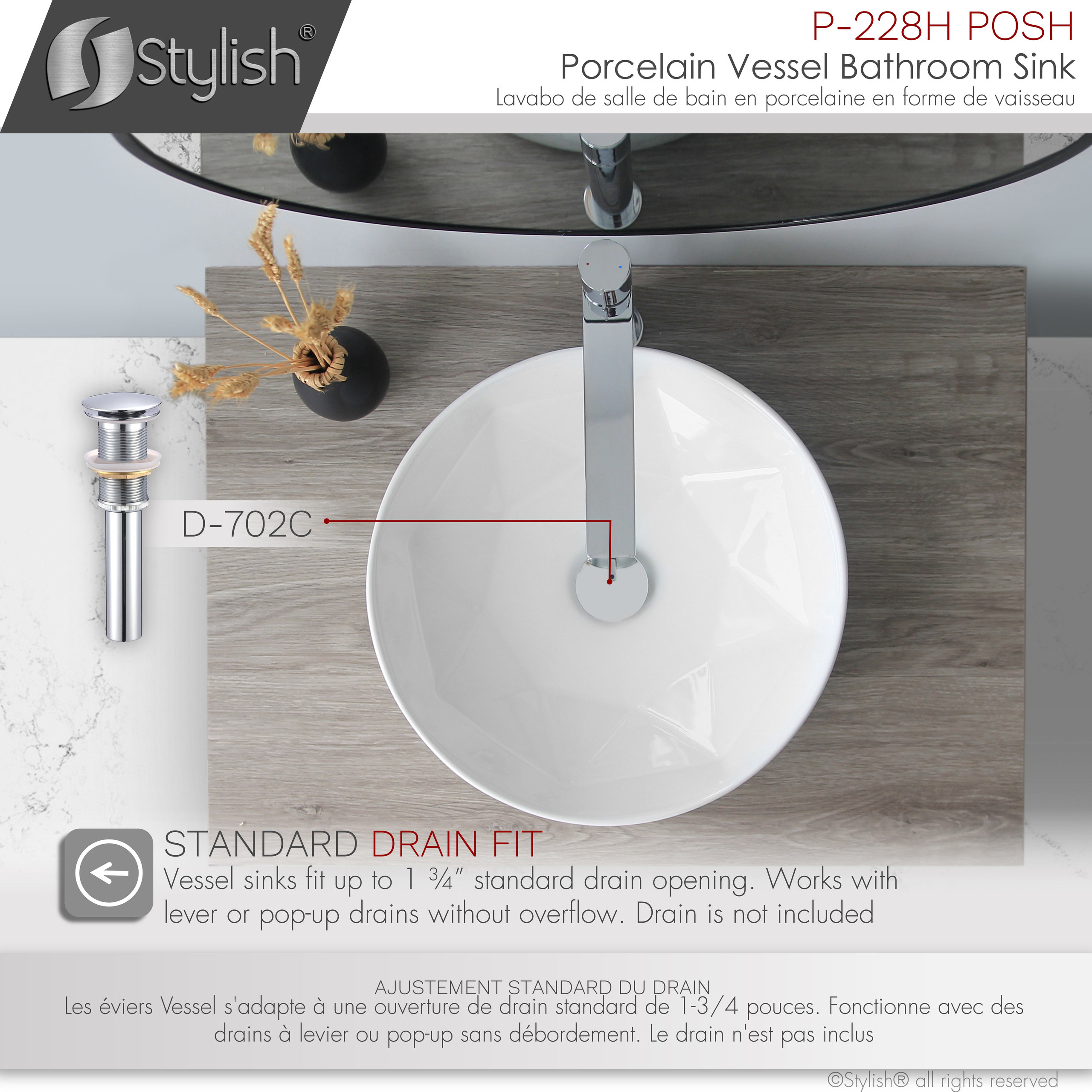STYLISH Porcelain Round 15-3/4-inches Vessel Ceramic Bathroom Sink White