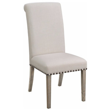 Set of 2 Dining Chair, Pinewood Legs With High Backrest & Nailhead Trim, Beige