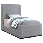Meridian Furniture - Oliver Boucle Fabric Upholstered Bed, Gray, Twin - Make a bold statement with this stunning Oliver twin-size bed from Meridian Furniture. Its contemporary design is comprised of rubber wood with a solid wood black wire brush finish, upholstered with rich grey boucle fabric, giving it an elegant appearance. A high headboard gives the bed a contemporary design, which fits any bedroom space. Add multicolored pillows and blankets for a unique touch that contrasts with the grey boucle fabric.