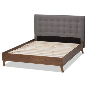 Alinia Mid-Century Modern Upholstered Walnut Wood King Platform Bed, Gray