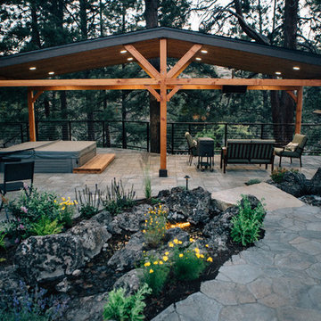Deschutes River Landscape with Perennial Beds, Roofed Pergola and Water Feature