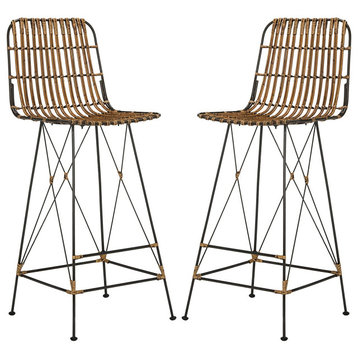 2 Pack Bar Stool, Metal Frame With Crossed Accents and Wicker Seat, Natural/Blac
