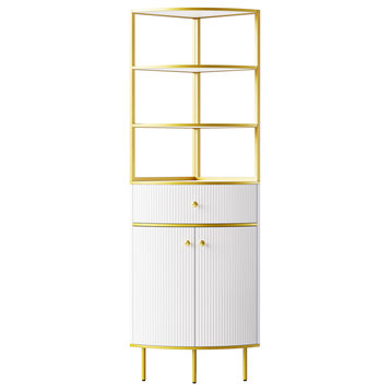Tall Modern Corner Bookshelf, a Gold Metal Frame for the Living Room, White
