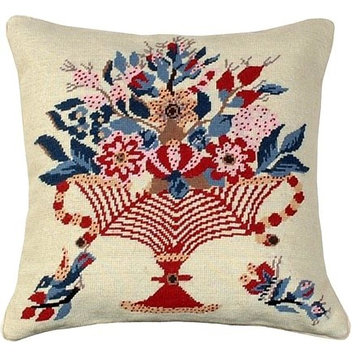 Throw Pillow Needlepoint Vase Bird Star 18x18 Red Blue Cotton Velvet