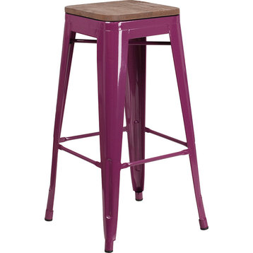 30" High Backless Purple Barstool With Square Wood Seat