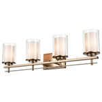 Millennium Lighting - Millennium 4-Light Wall Sconce in Modern Gold - This 4-light wall sconce from Millennium Lighting comes in a modern gold finish. It measures 31" wide x 8.75" high. This light uses four standard bulbs up to 100 watts each. This light includes a 12 year limited manufacture's warranty.Damp rated: Light can be used in humid environments like bathrooms or covered outdoor areas.  This light requires 4 , 400W Watt Bulbs (Not Included) UL Certified.